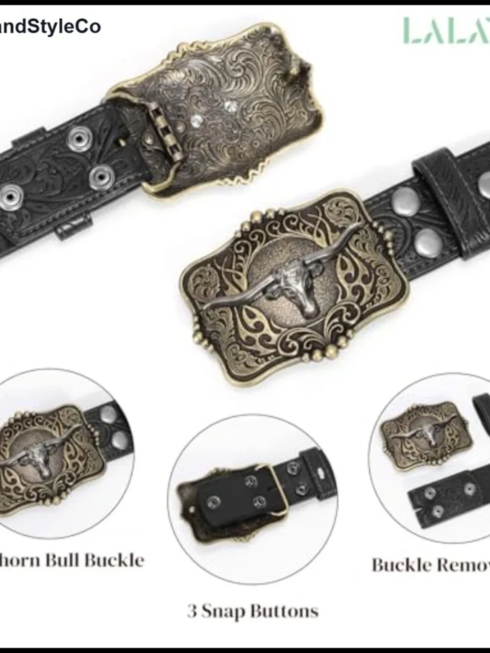 Cowboy Western Embossed Leather Belt with Longhorn Buckle